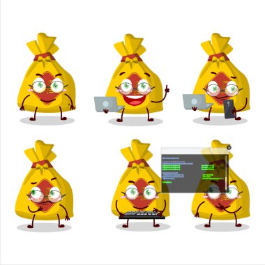 Sarı çantalı Çinli programcı sevimli çizgi film karakteri. Vektör illüstrasyonu