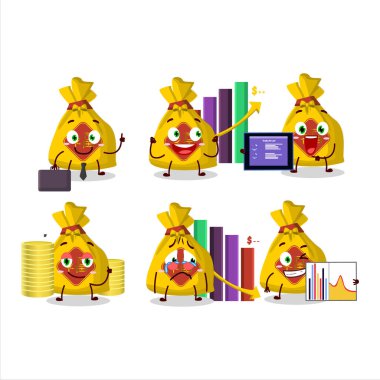 Sarı çantalı Çinli karakter ticari yatırım maskotu olarak tasarım yapıyor. Vektör illüstrasyonu