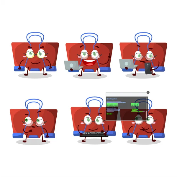 Red Binder Clip Programmer Cute Cartoon Character Vector Illustration — Stock Vector
