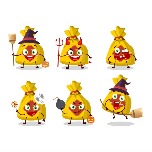 Emoticons Expressão Halloween Com Caráter Desenho Animado Chinês Saco Amarelo —  Vetores de Stock