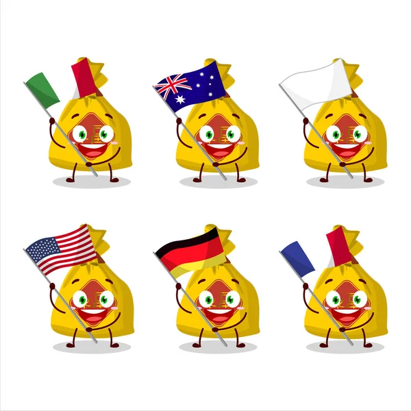 Żółta Torba Chiński Postać Kreskówek Przynieść Flagi Różnych Krajów Ilustracja — Wektor stockowy