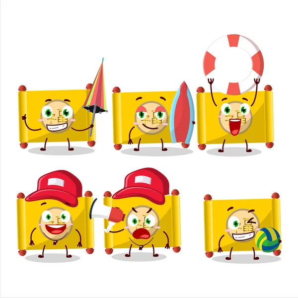 Happy Face Yellow Paper Roll Chinese Cartoon Character Playing Beach — Stock Vector