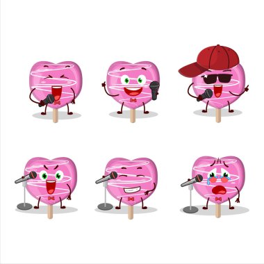 Sevimli bir çizgi film dizaynı olan pembe lolipop aşkı ünlü bir şarkı söylüyor. Vektör illüstrasyonu