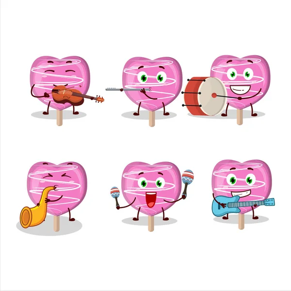 Cartoon Postać Różowy Lolipop Miłość Grać Niektórych Instrumentach Muzycznych Ilustracja — Wektor stockowy