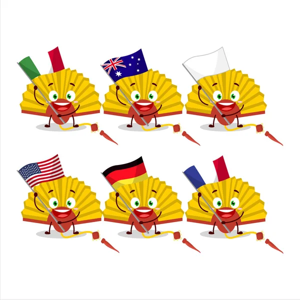 Gele Chinese Fan Cartoon Karakter Brengen Vlaggen Van Verschillende Landen — Stockvector