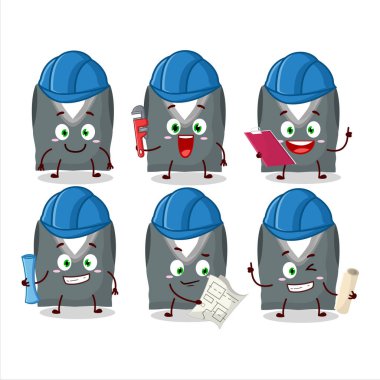 Mimar gri okul yeleği kerpetenle sevimli maskot karakteri. Vektör illüstrasyonu