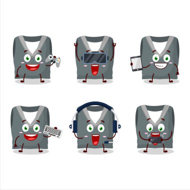 Gri okul yeleği çizgi film karakteri çeşitli şirin ifadelerle oyunlar oynuyor. Vektör illüstrasyonu