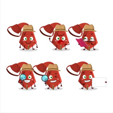 Dedektif kırmızı kravat, elinde büyüteç tutan sevimli çizgi film karakteri. Vektör illüstrasyonu