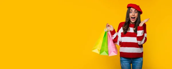 배경에 고립된 쇼핑백을 스웨터를 여성의 — 스톡 사진