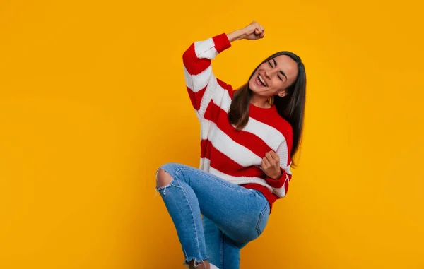 Gorgeous Excited Modern Woman Sweater While She Celebrating Some Win — Stock Photo, Image