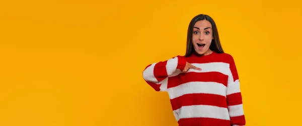 Banner Photo Beautiful Smiling Young Woman Striped Sweater Pointing Away —  Fotos de Stock