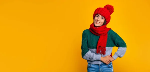 Happy Young Cute Woman Red Hat Scarf Posing Isolated Yellow — Stockfoto