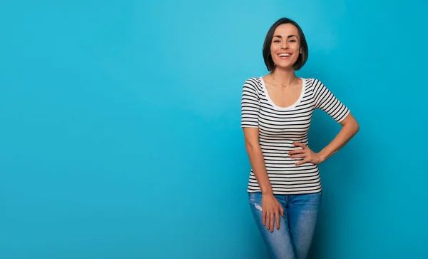 Close Photo Beautiful Smiling Confident Young Brunette Woman Posing Striped — Stock Photo, Image