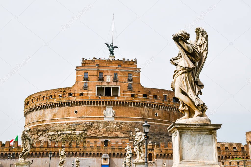 Ancient ruins in Rome (Italy) - Statues of angel on Ponte Sant'Angelo and Castel Sant'Angelo
