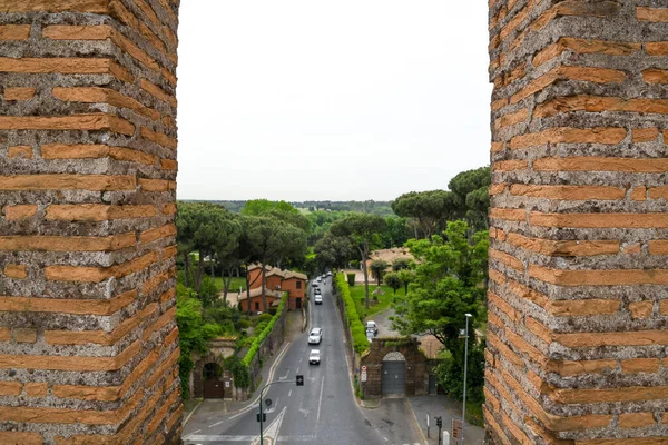 Ancient ruins in Rome (Italy) - Via Appia (Appian Way)  seen from the top of Porta San Sebastiano (Porta Appia)  toward the south -Museo delle Mura (Museum of the Walls)-