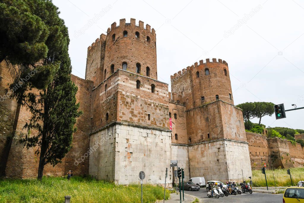 Ancient ruins in Rome (Italy) - Porta San Sebastiano (Porta Appia), Gate on Via Appia (Appian Way)