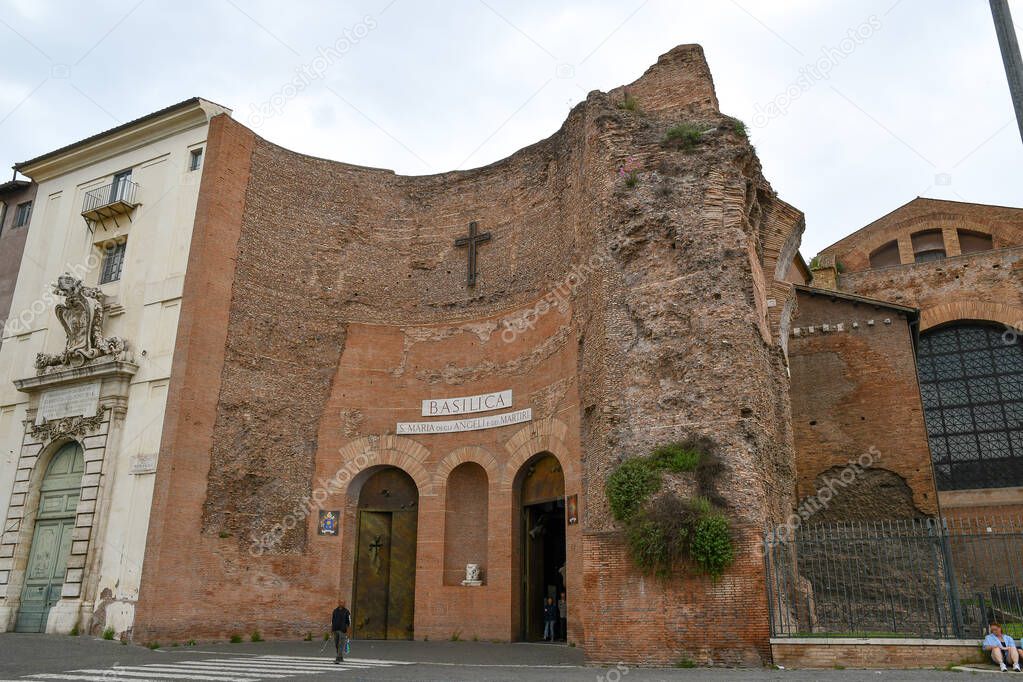 Ancient ruins in Rome (Italy) - Appearance of Basilica of St. Mary of the Angels and the Martyrs (Santa Maria degli Angeli e dei Martiri), which is the site of Baths of Diocletian (Terme di Diocleziano)