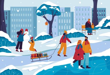 Şehir veya şehir parkının kış manzarası. İnsanlar parkta yürüyor, çocuklar kardan adam yapıyor, buz pateni pistinde çift kayıyor. Kışın açık hava aktivitesi, dinlenme ya da doğada eğlence. Soğuk karlı hava.