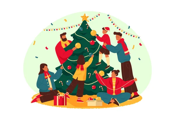新年やクリスマスの挨拶 バナーや背景のためのベクトル休日カード 幸せな家族は ガーランドやおもちゃでクリスマスツリーを飾る 休日やお祝いの準備を待っています — ストックベクタ