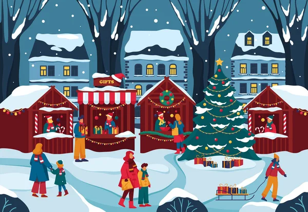 伝統的な新年やクリスマスマーケット バナーや背景 公園広場での公正の冬の風景 人々や家族は冬の休日を祝う 野外Xmasイベント — ストックベクタ
