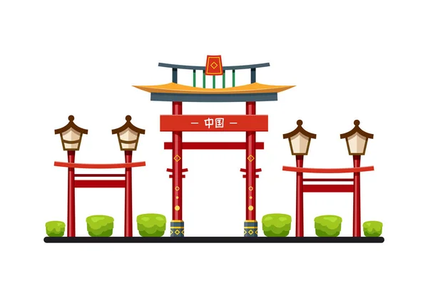 Fachada de entrada china o puerta de madera, vector — Vector de stock