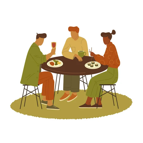 Keluarga atau teman-teman makan di rumah atau kafe, spanduk - Stok Vektor