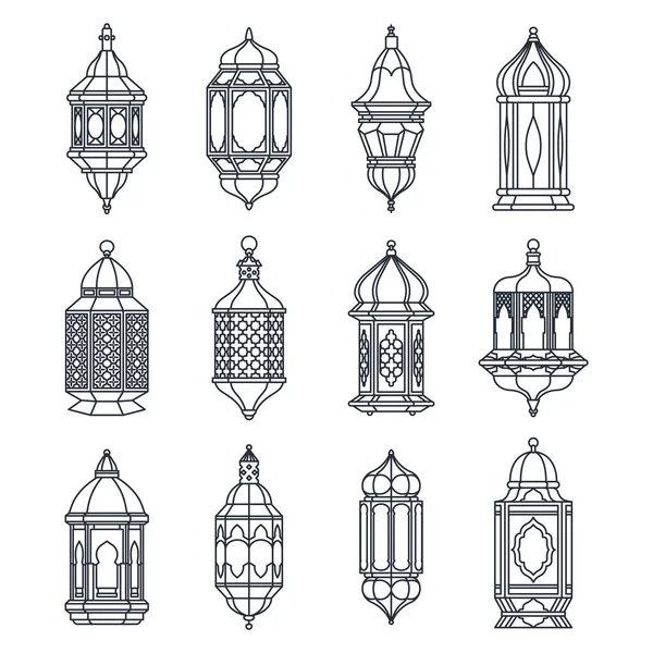 Lámpara lineal árabe o linterna, conjunto de iconos vectoriales. — Vector de stock