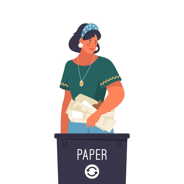 Woman sorting paper garbage, vector banner or icon — Stock Vector