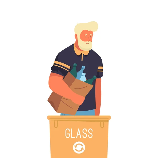 Man sorting glass garbage, vector banner or icon. — Stock Vector