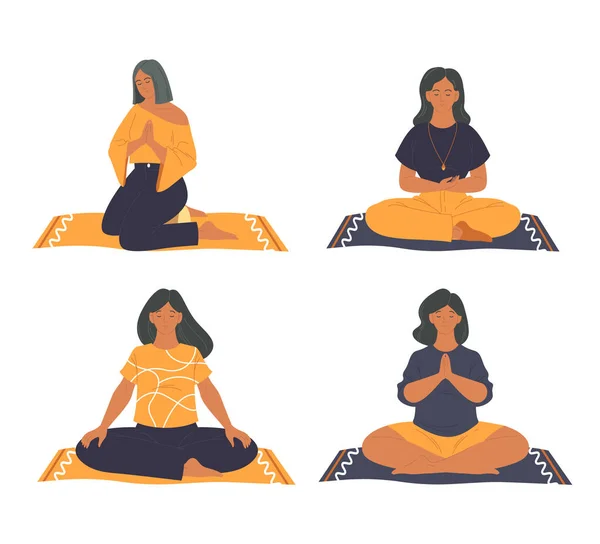 Meditation practice or pranayama, vector icons set — Stock Vector