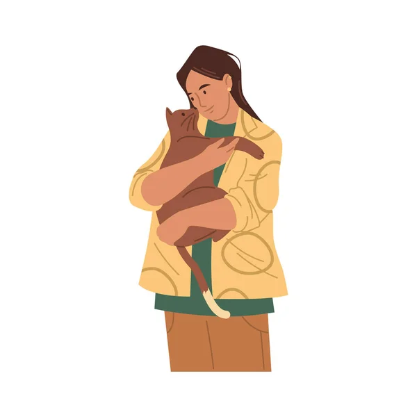 Woman hugs cute cat or kitty, vector clipart. — Stok Vektör