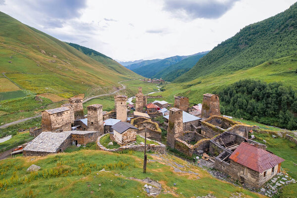 Ushguli village with rock tower houses in Svaneti, Georgia. These are typical Svaneti defensive tower houses found throughout the village