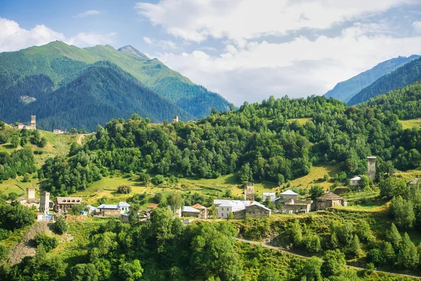 Ushguli Village Rock Tower Houses Svaneti Georgia View Greater Caucasus — Stockfoto