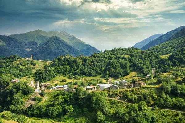 Ushguli Village Rock Tower Houses Svaneti Georgia View Greater Caucasus — Stockfoto