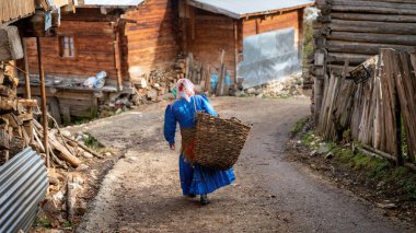 Artvin, Turkey - July 2018: Woman from Black Sea Karadeniz region in her traditional dress walking in Maden Village which is in Black Sea Karadeniz region highlands clipart