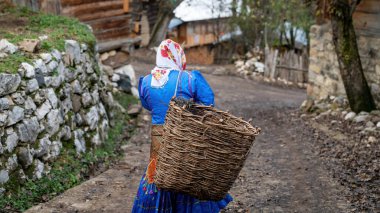 Artvin, Türkiye - Temmuz 2018: Karadeniz kıyısındaki dağlık bölgede bulunan Maden Köyü 'nde geleneksel elbisesiyle yürüyen Karadeniz' li kadın