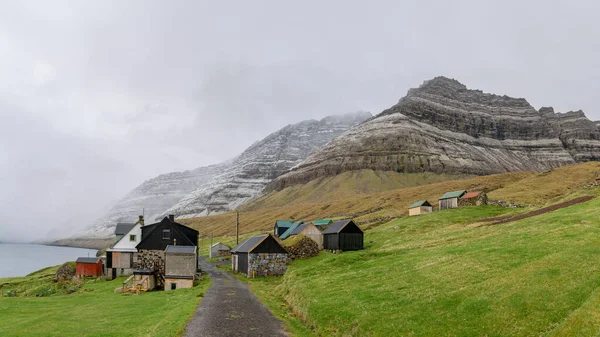 2019年8月 緑と雪の山に囲まれたフィヨルドを見下ろす小さな集落村 — ストック写真