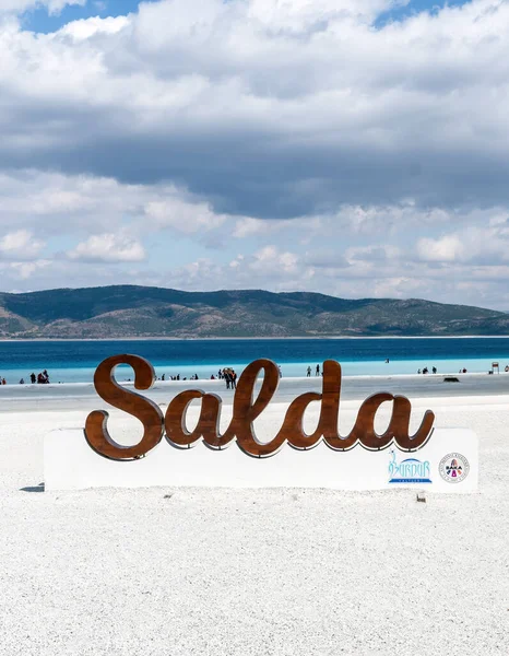 Salda Lake Burdur Turecko Říjen 2019 Salda Lake Signage Pláži — Stock fotografie
