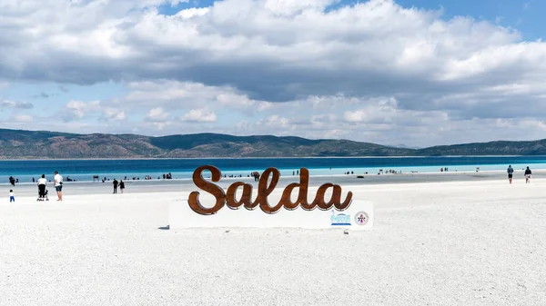 Salda Lake Burdur Turecko Říjen 2019 Salda Lake Signage Pláži — Stock fotografie