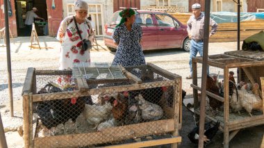 Osh, Kyrgyzstan - May 2022: Live rooster and chicken in a cage for sale. Two native Kyrgyz women look for live chicken at a poultry market,