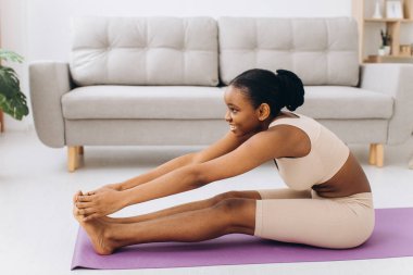 Yurtiçi antreman. Genç Sporcu Siyah Kadın, Evinde Plank Egzersizi Yapıyor, Oturma odasında Eğitim Yapıyor