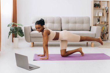 Yurtiçi antreman. Genç Sporcu Siyah Kadın, Evinde Plank Egzersizi Yapıyor, Oturma odasında Eğitim Yapıyor