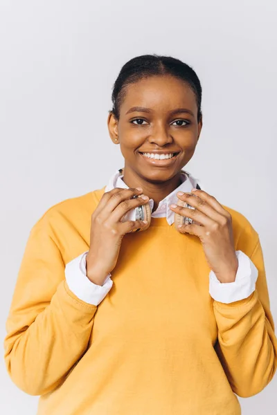 Joyful Positive Young African American Woman Wears Stereo Wireless Headphones — Stock Photo, Image