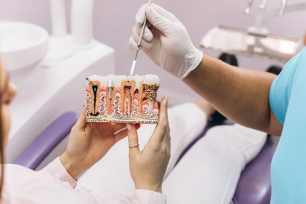Tandläkaren Ler Och Visar Flickan Modell Med Tänder Talar Implantation — Stockfoto