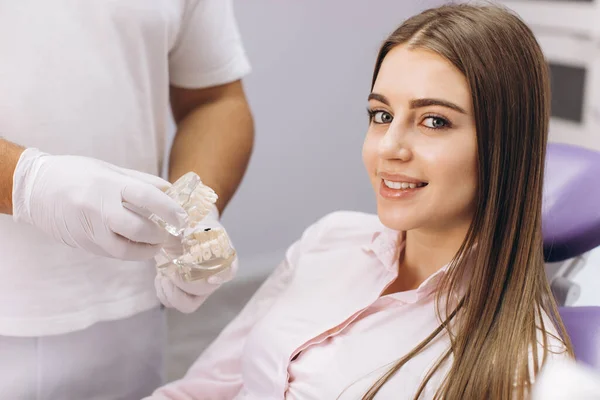 Dentysta Pokazuje Dziewczynie Modelkę Szczękami Opowiada Opiece Dentystycznej — Zdjęcie stockowe