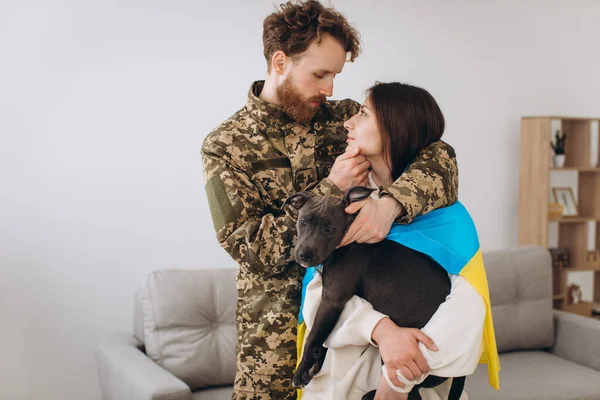 Ukrainian Couple Soldier Military Uniform Girl Wrapped Ukrainian Flag Hold — Stock Photo, Image