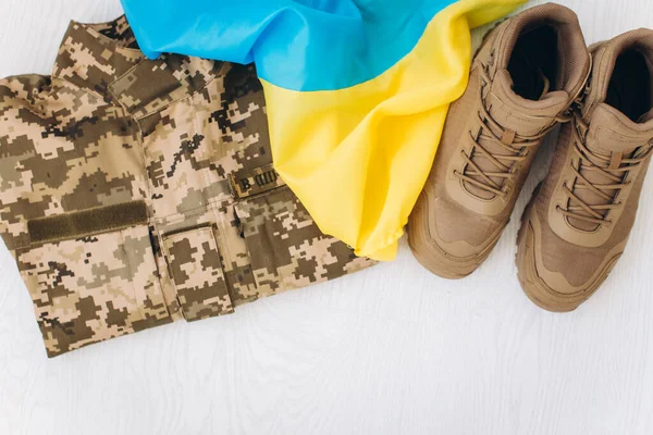 Ukrainian military clothes, shoes, jacket, flag