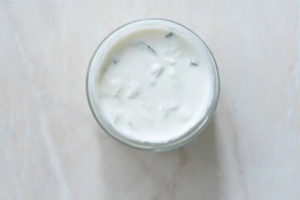 Take Away Tzatziki Traditional Greek Yogurt Sauce Glass Bowl Ready — Stock Photo, Image
