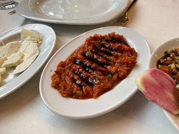 Kebab Meze Turco Acili Ezme Acuka Muhammara Hecho Con Tomates — Foto de Stock