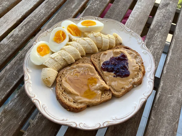 Protein Breakfast Peanut Butter Banana Boiled Eggs Fitness Ready Eat — 스톡 사진